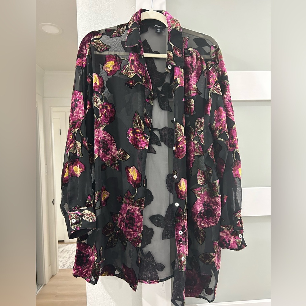Nasty Gal Black and Pink Floral Sheer Blouse